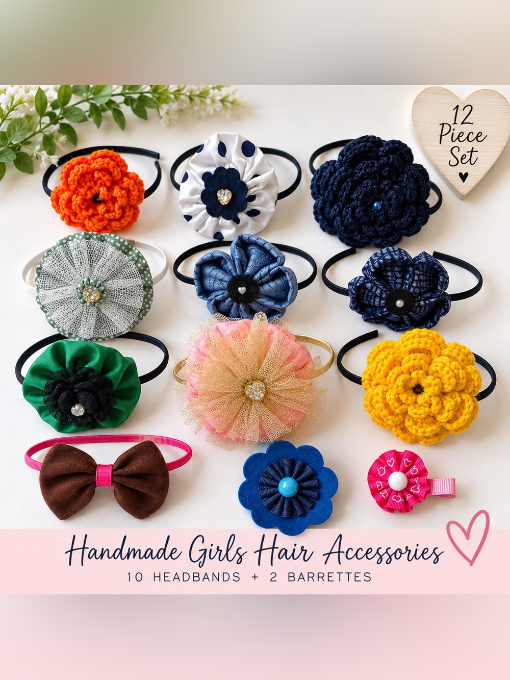 Handmade Girls Hair Accessories Lot – 10 Headbands + 2 Barrettes-NEW